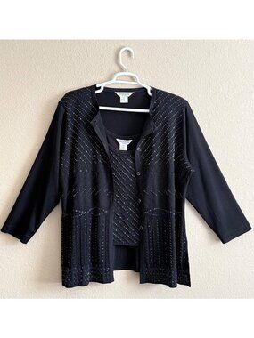 Exclusively Misook Woman's Embellished Tank & Cardigan Sweater Set 2PC Black